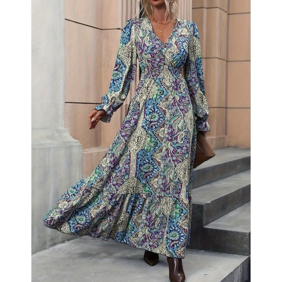 Boho Paisley Print V-Neck Maxi Dress Blue Purple Smocked Waist Tiered - Picture 3 of 12